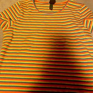 A rainbow cropped top with ruffles